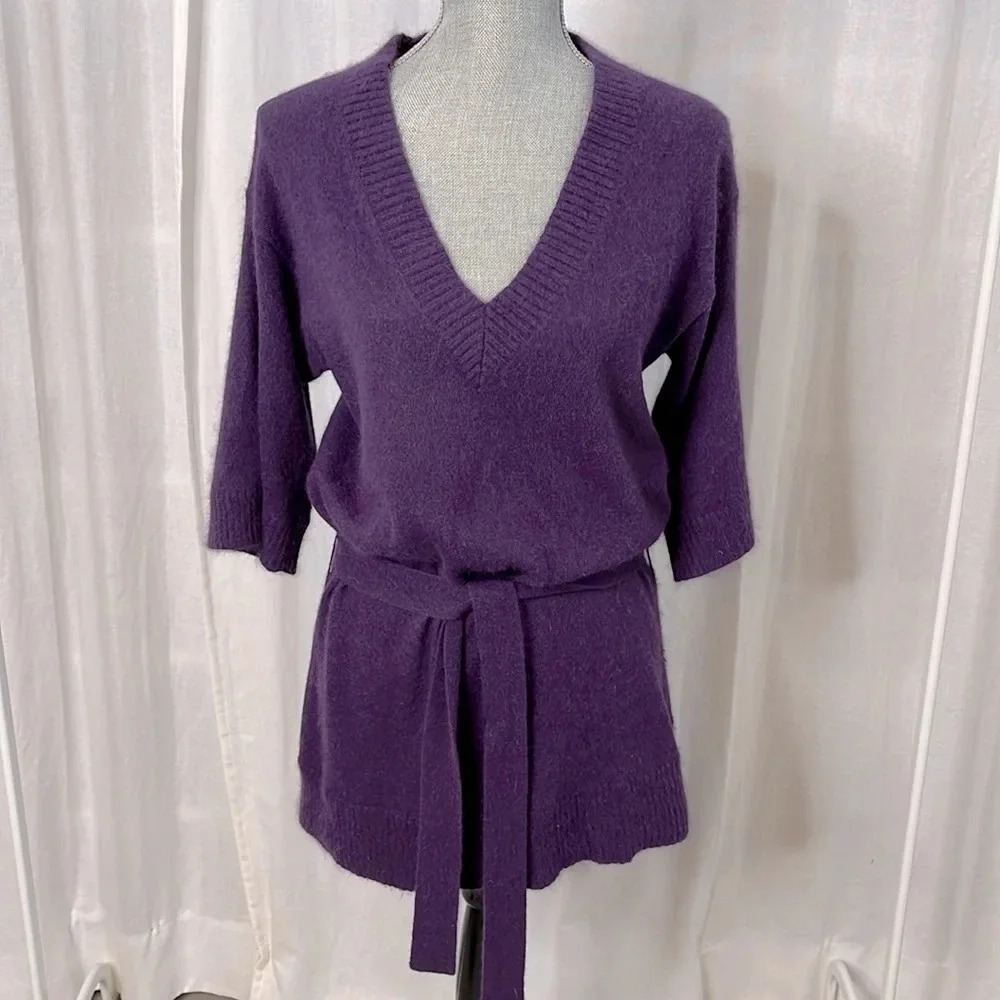 KENAR Purple Angora V-Neck Belted Sweater, Size M